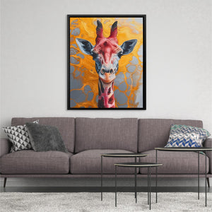 a living room with a couch and a painting of a giraffe