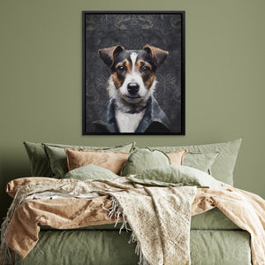 a picture of a dog on a wall above a bed