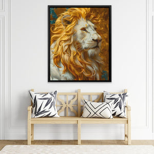 a painting of a lion on a wall above a bench