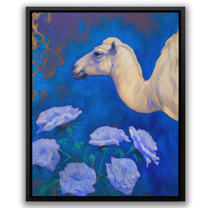 a painting of a camel and flowers on a blue background