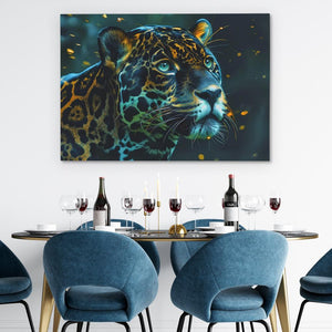 a painting of a leopard on a wall above a dining room table