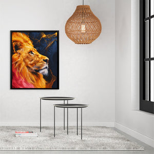 a painting of a lion on a wall next to a table