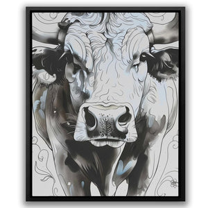 a painting of a cow with a black frame