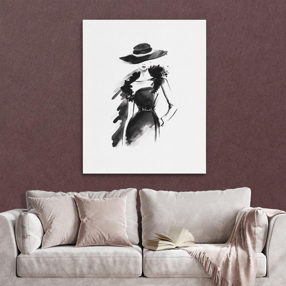 a black and white painting of a woman wearing a hat