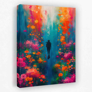 a painting of a person walking through a field of flowers