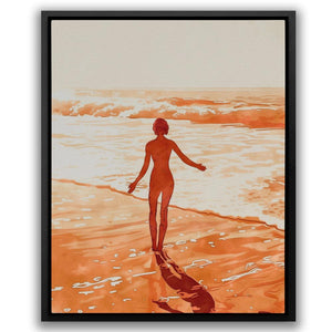 a painting of a woman walking on the beach