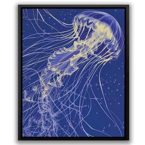 a blue and yellow jellyfish floating in the water