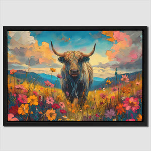a painting of a bull in a field of flowers