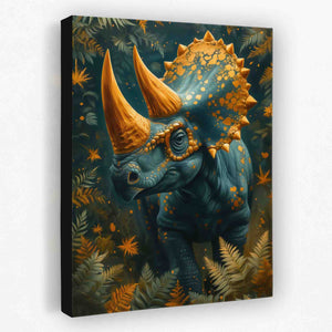 a painting of a rhino with gold horns on it's head