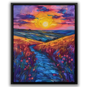 a painting of a sunset over a field