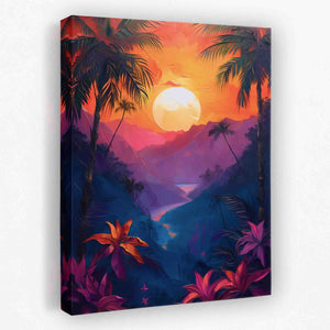 a painting of a tropical sunset with palm trees