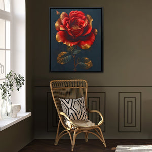 a painting of a red rose on a blue background