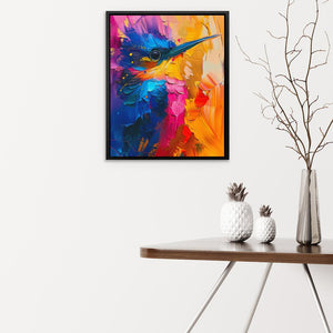 a painting of a colorful bird hanging on a wall