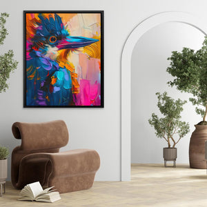 a painting of a colorful bird on a white wall