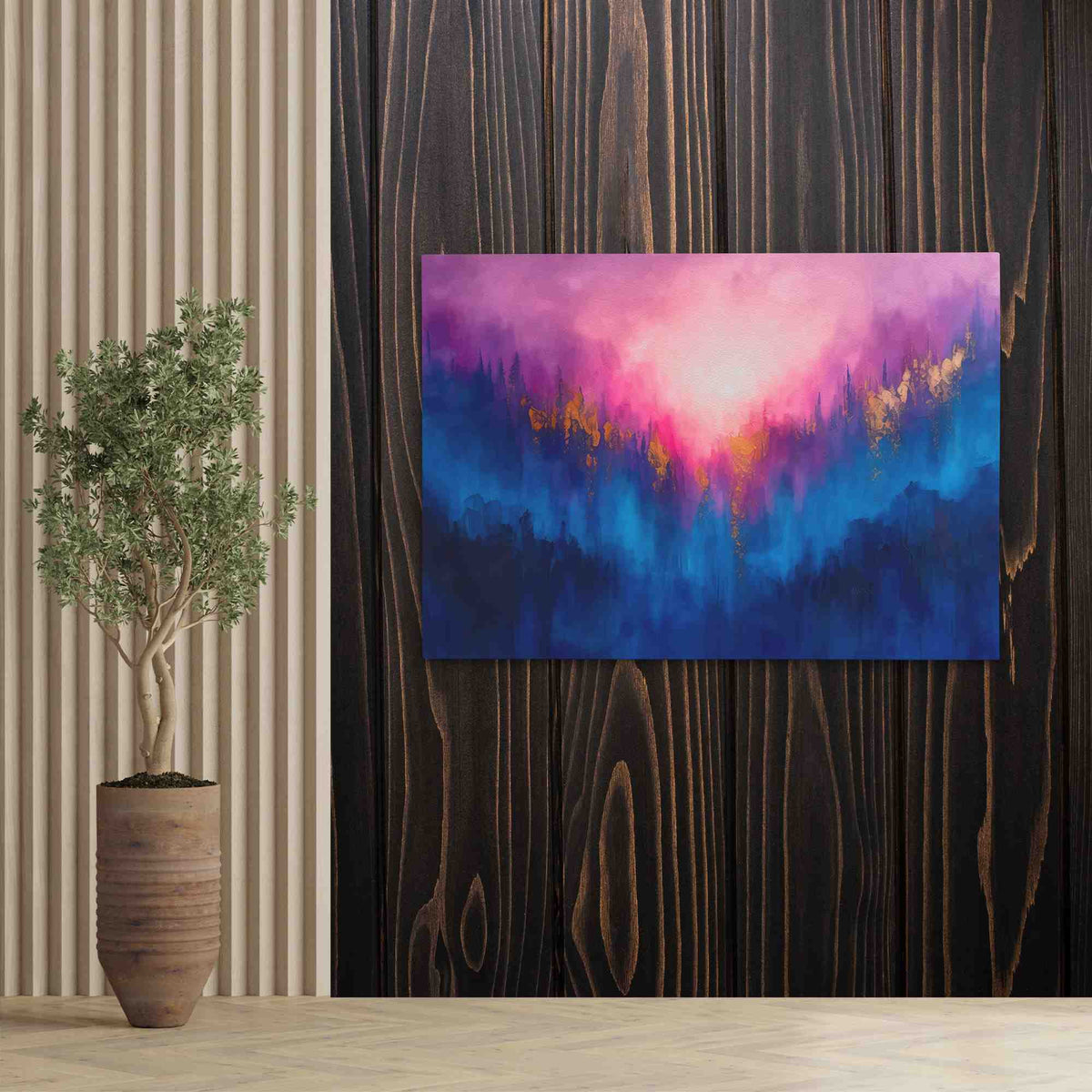 a painting on a wall next to a potted plant