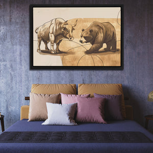 a painting of two rhinos on a wall above a bed