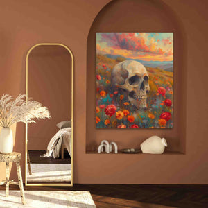 a painting of a skull in a flowery field
