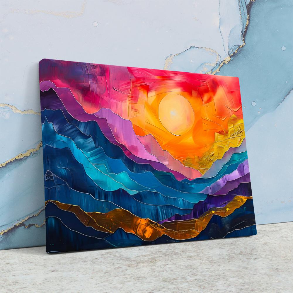 a painting on a wall of a colorful sunset