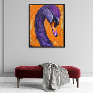 a painting of a purple swan on an orange background