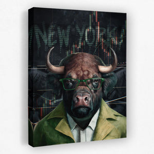 a painting of a bull wearing glasses and a green jacket