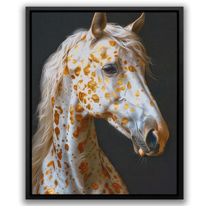 a painting of a white horse with orange spots