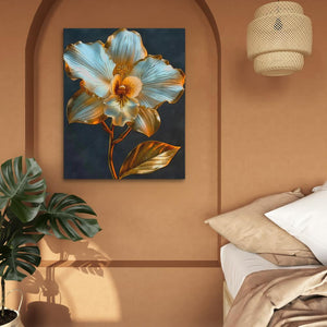 a painting of a flower on a wall above a bed