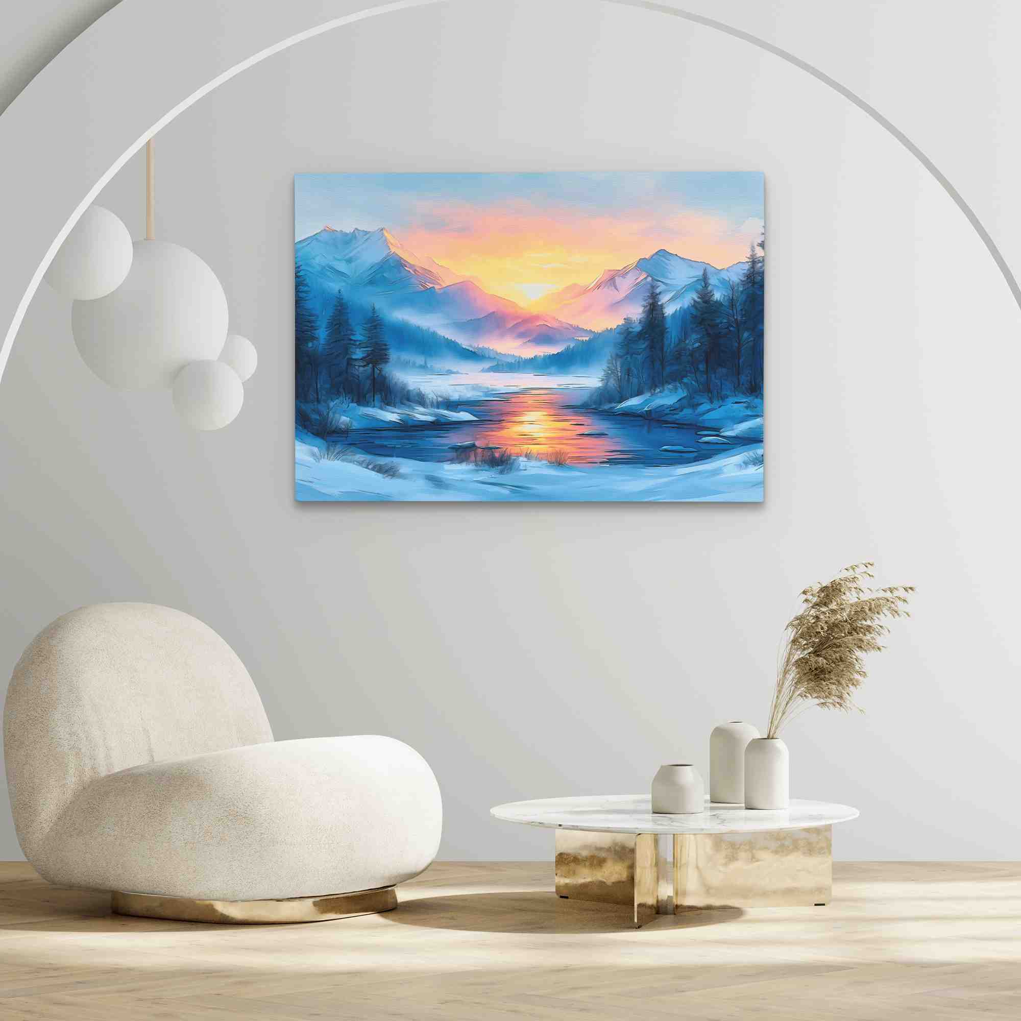 a painting of a snowy landscape with a lake and mountains