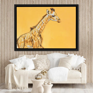 a painting of a giraffe on a yellow background