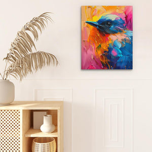 a painting of a colorful bird on a white wall