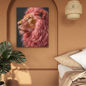 a painting of a lion on a wall above a bed