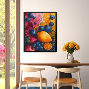 a painting of oranges and blueberries on a table