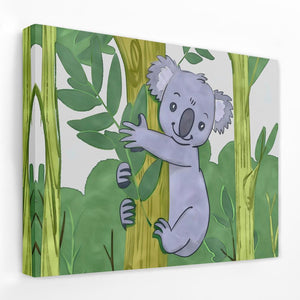 a painting of a koala bear climbing a tree