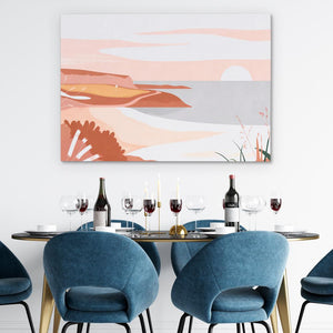 a dining room table with blue chairs and a painting on the wall