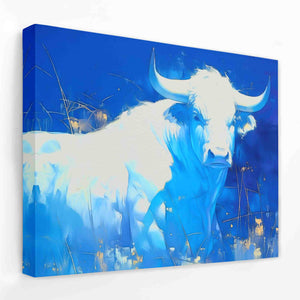 a painting of a white bull in a blue field
