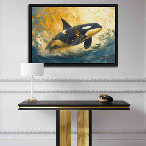 a painting of an orca jumping out of the water