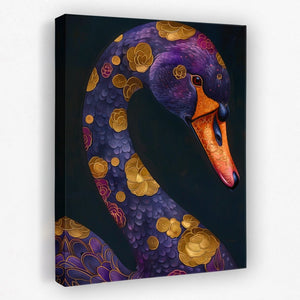 a painting of a purple swan on a black background