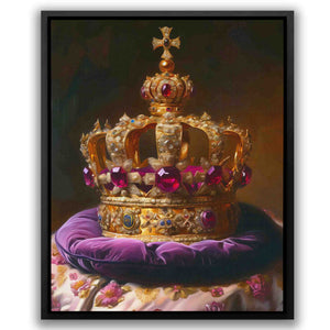 a painting of a gold crown on a purple pillow