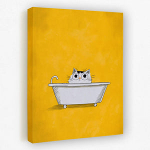 a black and white cat sitting in a bathtub on a yellow background