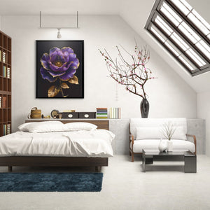 a bedroom with a bed, a couch and a book shelf