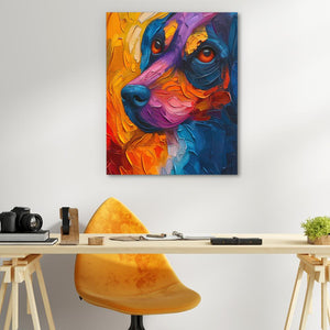 a painting of a colorful dog on a white wall