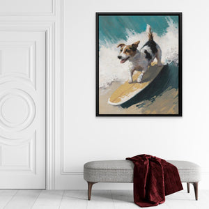 a painting of a dog surfing on a wave