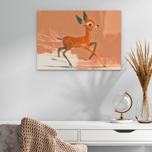 a painting of a deer running across a room