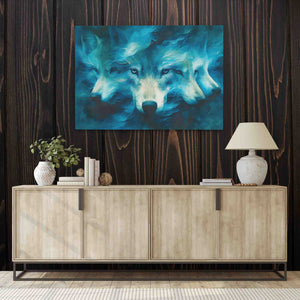 a painting of two wolfs on a wooden wall