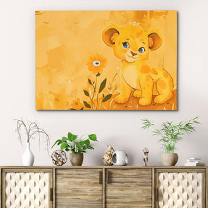 a painting of a lion sitting on top of a dresser