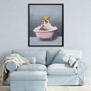 a dog sitting in a pink bath tub