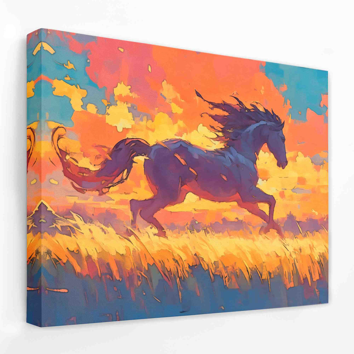 a painting of a horse running through a field