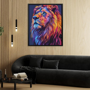 a living room with a couch and a painting of a lion