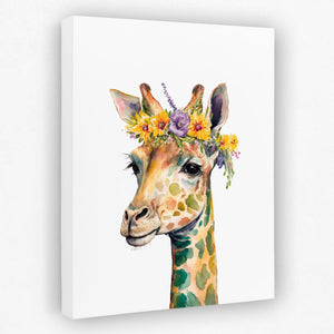 a giraffe with a flower crown on its head