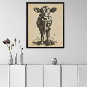 a picture of a cow is hanging on a wall