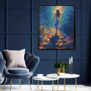 a painting of a woman standing in a blue room